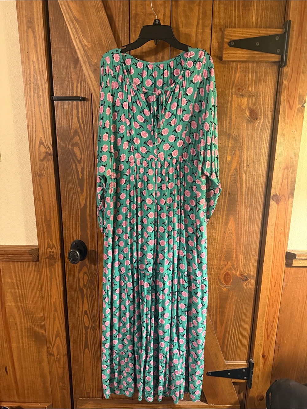 Green Floral Maxi Dress with Pink Rose Pattern